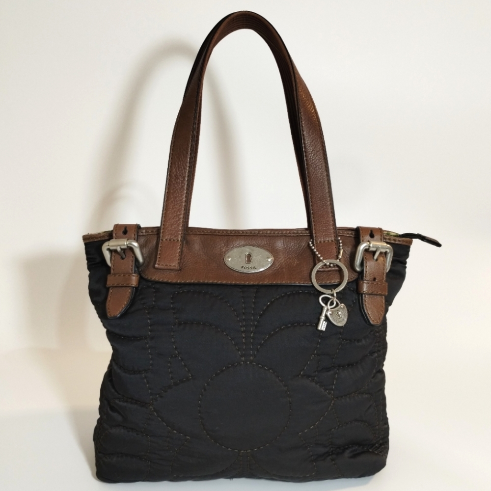 E Fossil Black Key-Per Floral Quilted Brown Leather Trim Shoulder Bag Purse